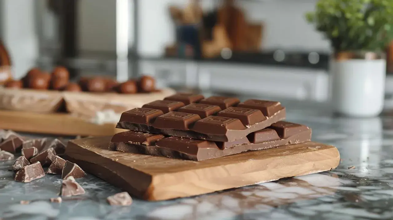 Des morceaux de chocolat, dont des tablettes empilées, sur une planche en bois. Une question se pose : est ce que le chocolat périme ?
