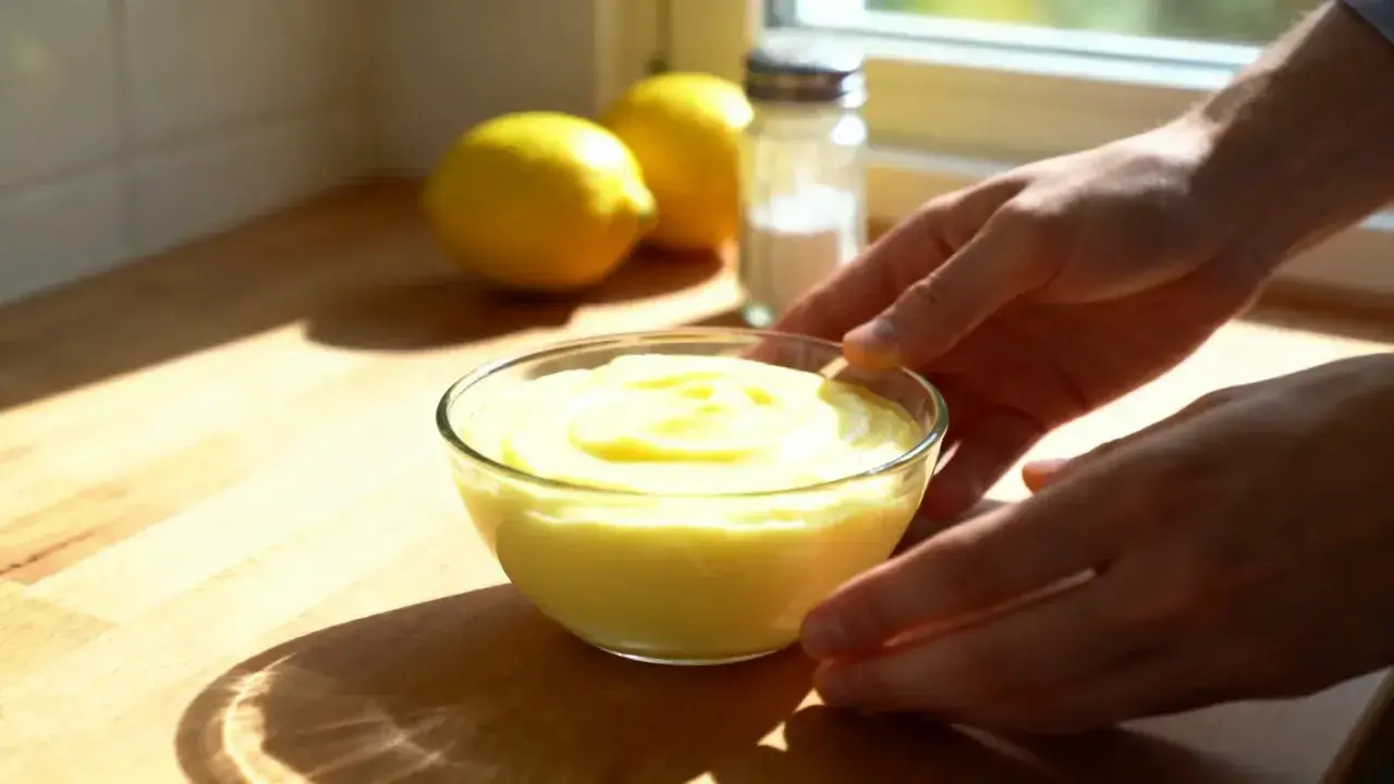 Un bol de crème au citron sans oeuf, onctueuse et jaune vif, est présenté sur un plan de travail en bois. Des citrons et une salière sont en arrière-plan.