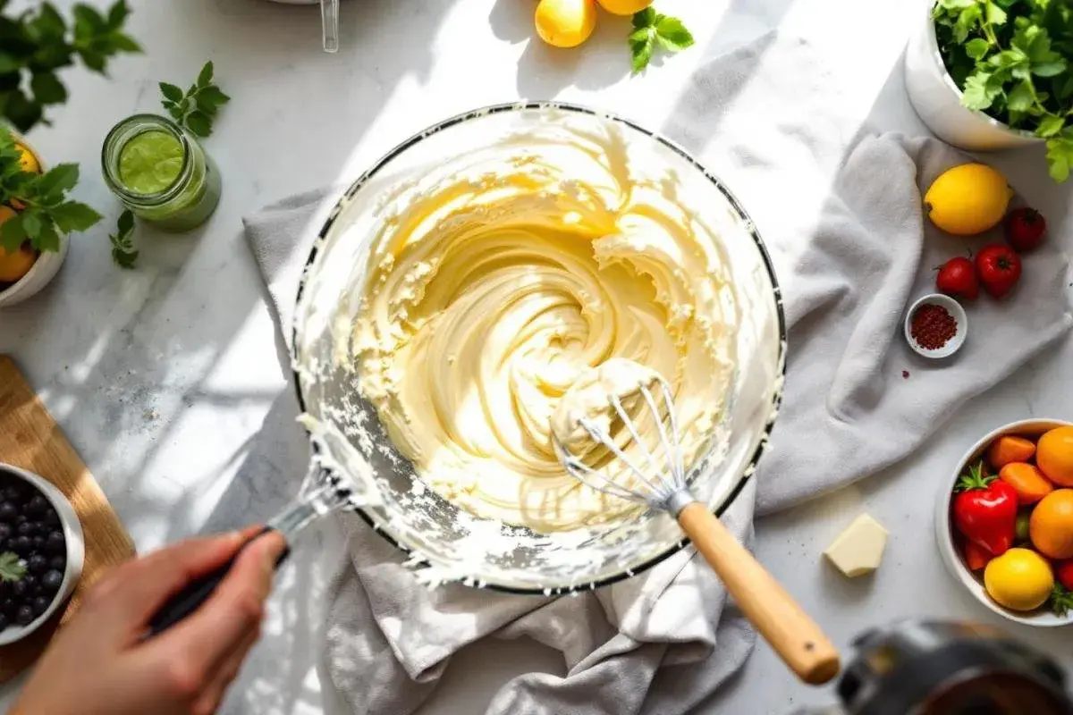 Un fouet mélange une crème onctueuse dans un bol en verre. Autour, des fruits frais, des herbes et un morceau de beurre concentré suggèrent une préparation culinaire savoureuse.