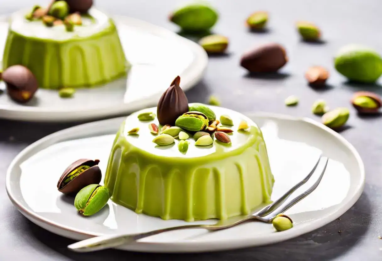 Délicieuse ganache pistache, ornée de pistaches entières et concassées, sur une assiette blanche avec une touche de chocolat.