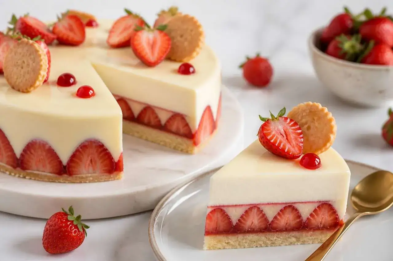 G&acirc;teau blanc et rouge, garni de fraises fra&icirc;ches et d'une pur&eacute;e de fraises onctueuse. Une part est servie sur une assiette avec une cuill&egrave;re dor&eacute;e.