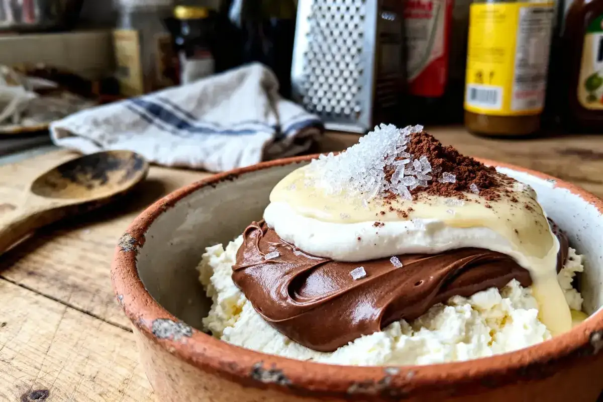 Un délice : chantilly, mascarpone, Nutella, le tout saupoudré de cacao et de gros sel. Un mélange gourmand à souhait.