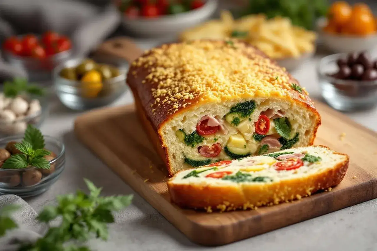 Savoureux pain garni de légumes et jambon, idéal pour conserver pâte à cake au frigo.