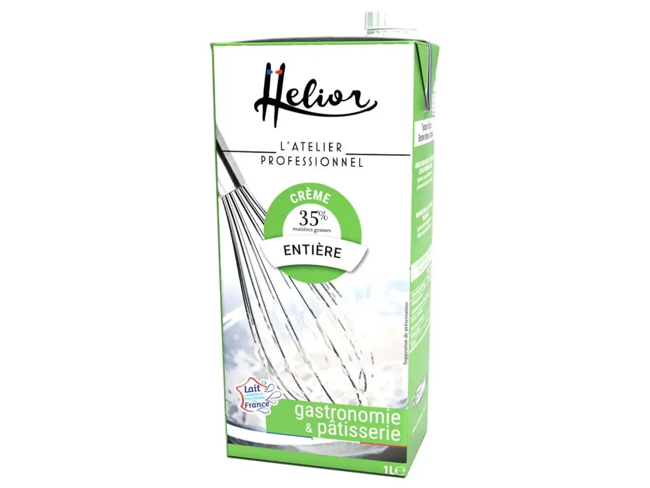 Brique de crème liquide entière 35% Helior, idéale pour la gastronomie et la pâtisserie.