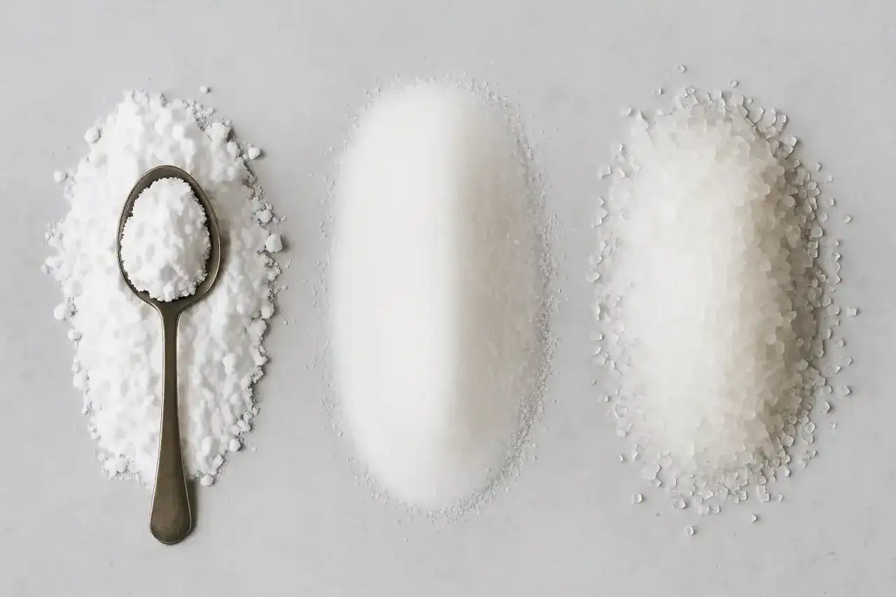 Trois tas de sucres : poudreux, fin et gros. Qu'est-ce que le sucre cristallisé ? La réponse est le tas du milieu.