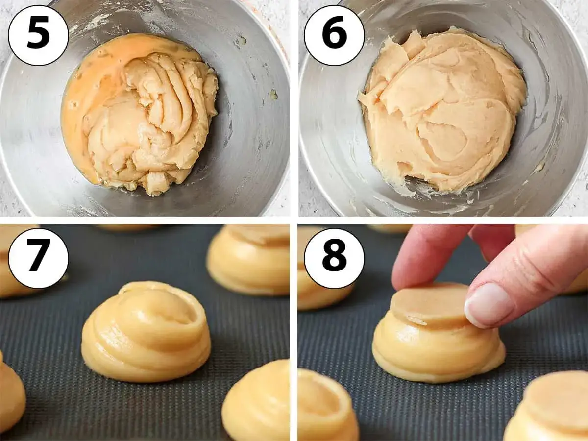 P&acirc;te &agrave; chou p&acirc;tisserie dans un bol, puis des petites boules sur une plaque. Une main aplatit le dessus d'une p&acirc;te.