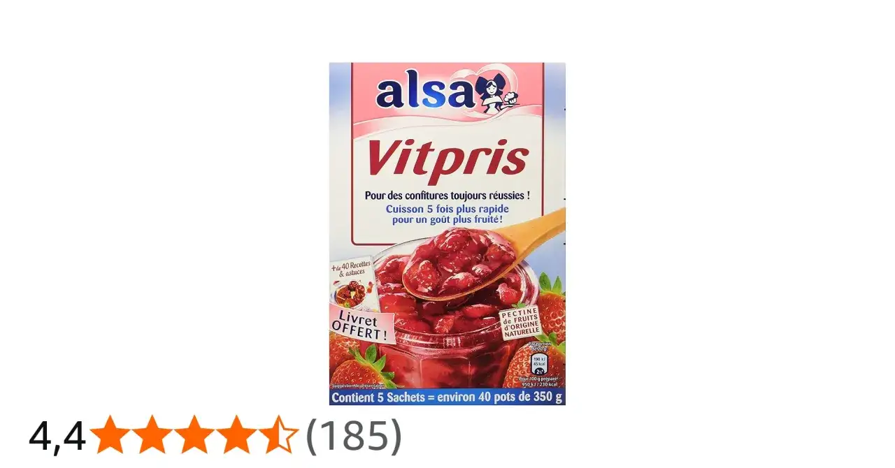 Vitpris Alsa : la pectine pour des confitures réussies, cuisson rapide et goût fruité. 5 sachets pour 40 pots.