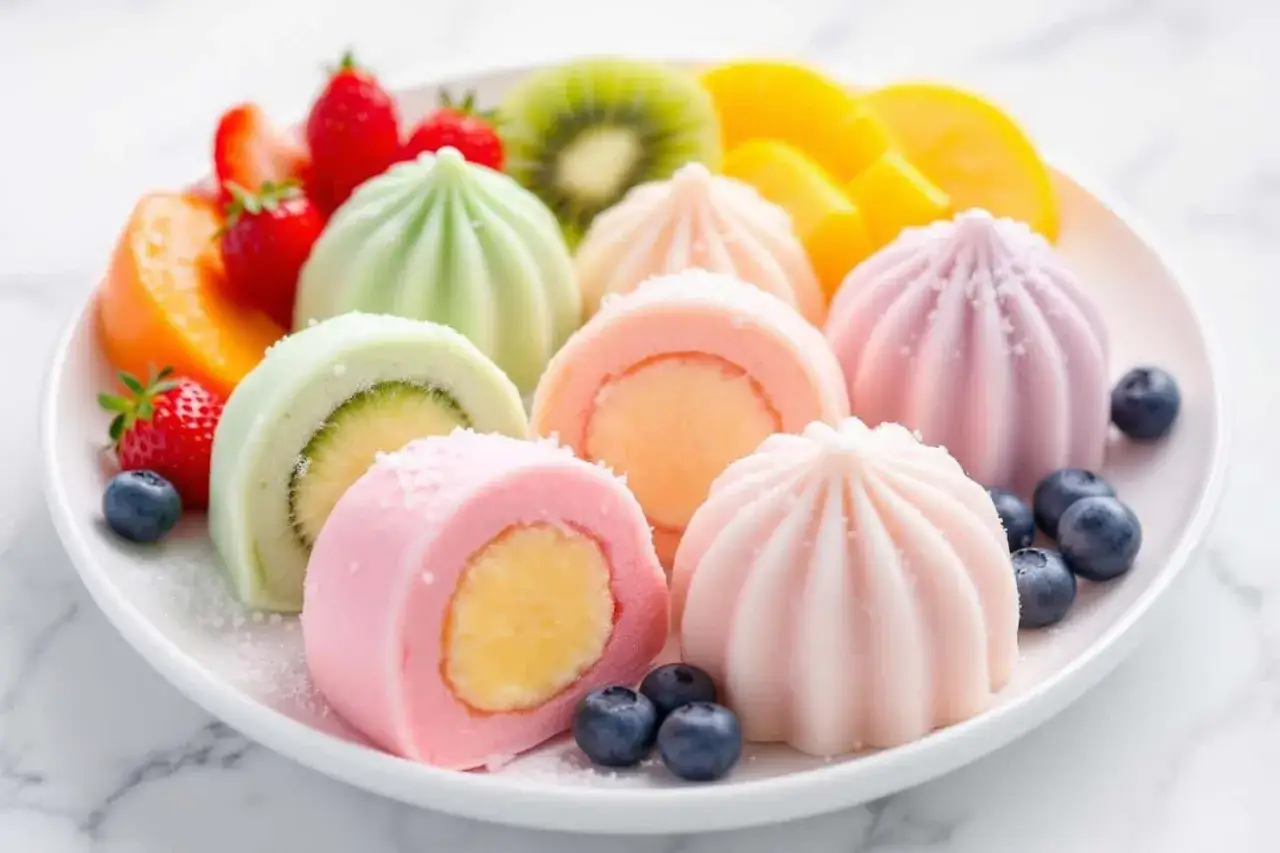 Assiette de desserts colorés, parfaits pour faire un gâteau 2 jours à l'avance. Fruits frais et petites douceurs glacées.