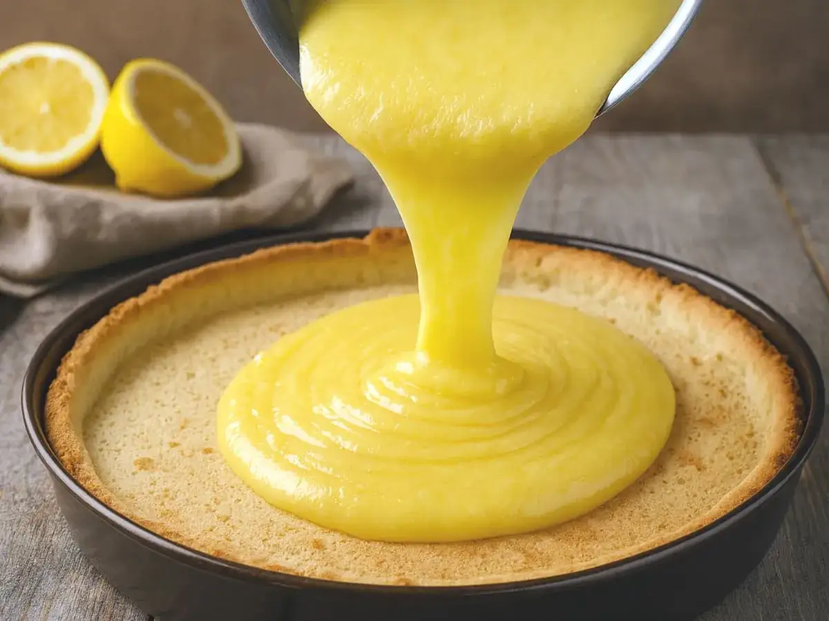 Une crème au citron sans oeuf, onctueuse et dorée, est versée dans une tartelette. Des citrons coupés en deux sont en arrière-plan.