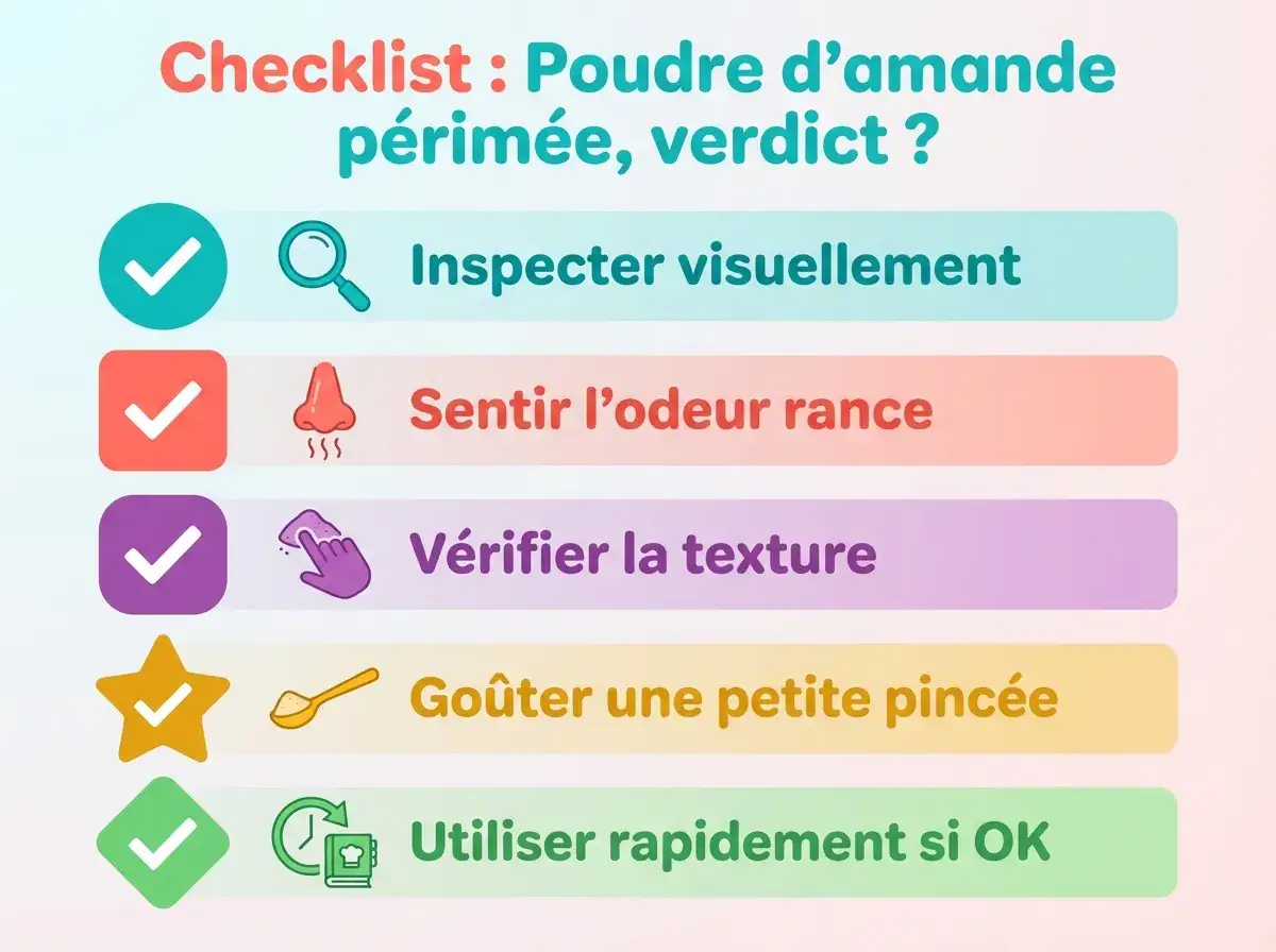 Checklist pour savoir si votre poudre d'amande est périmée : inspectez, sentez l'odeur rance, vérifiez la texture, goûtez une pincée.