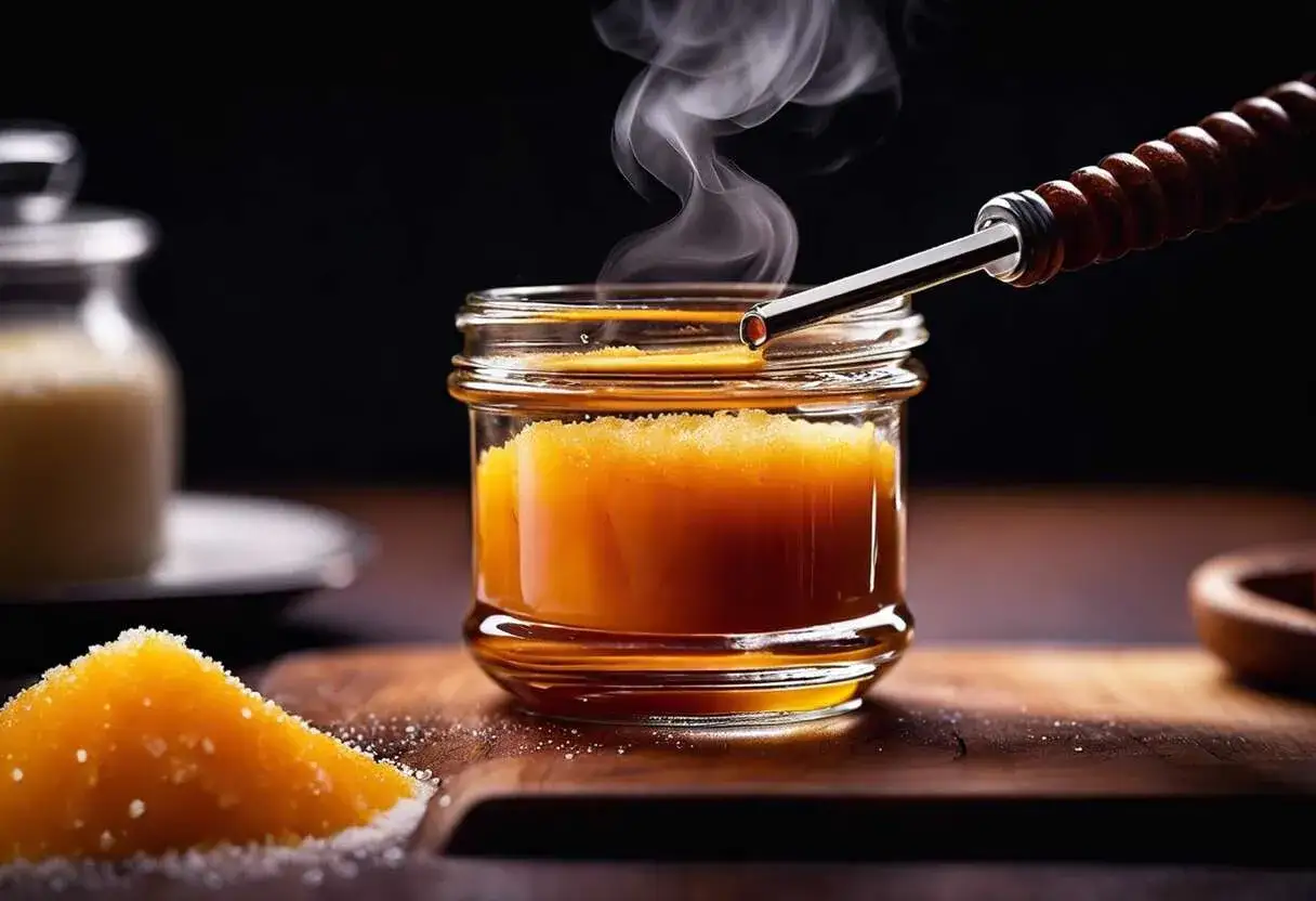 Un pot en verre contient du sucre en train de fondre, de la vapeur s'échappe. Un outil en bois et métal est utilisé pour la cuisson du sucre.