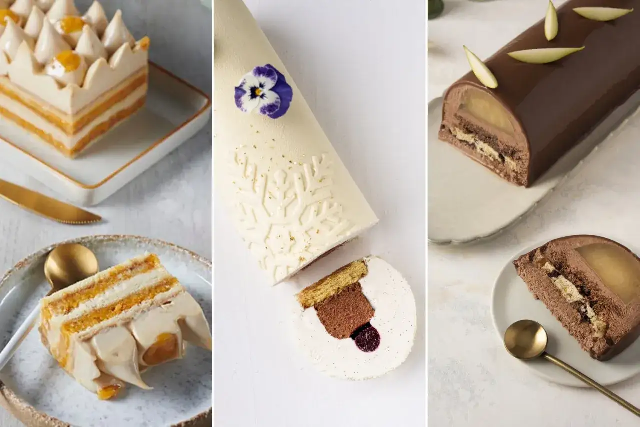 Trois bûches de Noël élégantes : une à la crème et fruits, une blanche décorée d'un flocon, et une au chocolat glacé. Idées pour savoir avec quoi recouvrir une bûche de noël.