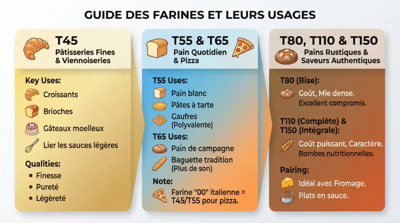 Guide des farines : T45 pour pâtisseries fines, T55/T65 pour pain quotidien et pizza, T80/T110/T150 pour pains rustiques. La farine pour pâtisserie T45 est idéale pour croissants et gâteaux.