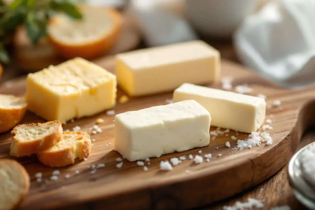 Des morceaux de beurre, parfaits pour un gâteau, sont disposés sur une planche en bois avec des croûtons et du sel.