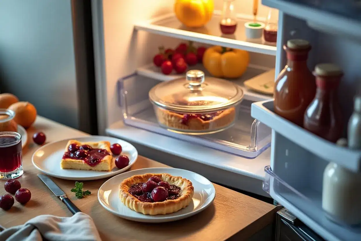 Un clafoutis aux cerises est prêt pour la conservation au réfrigérateur. Des parts sont servies sur des assiettes.