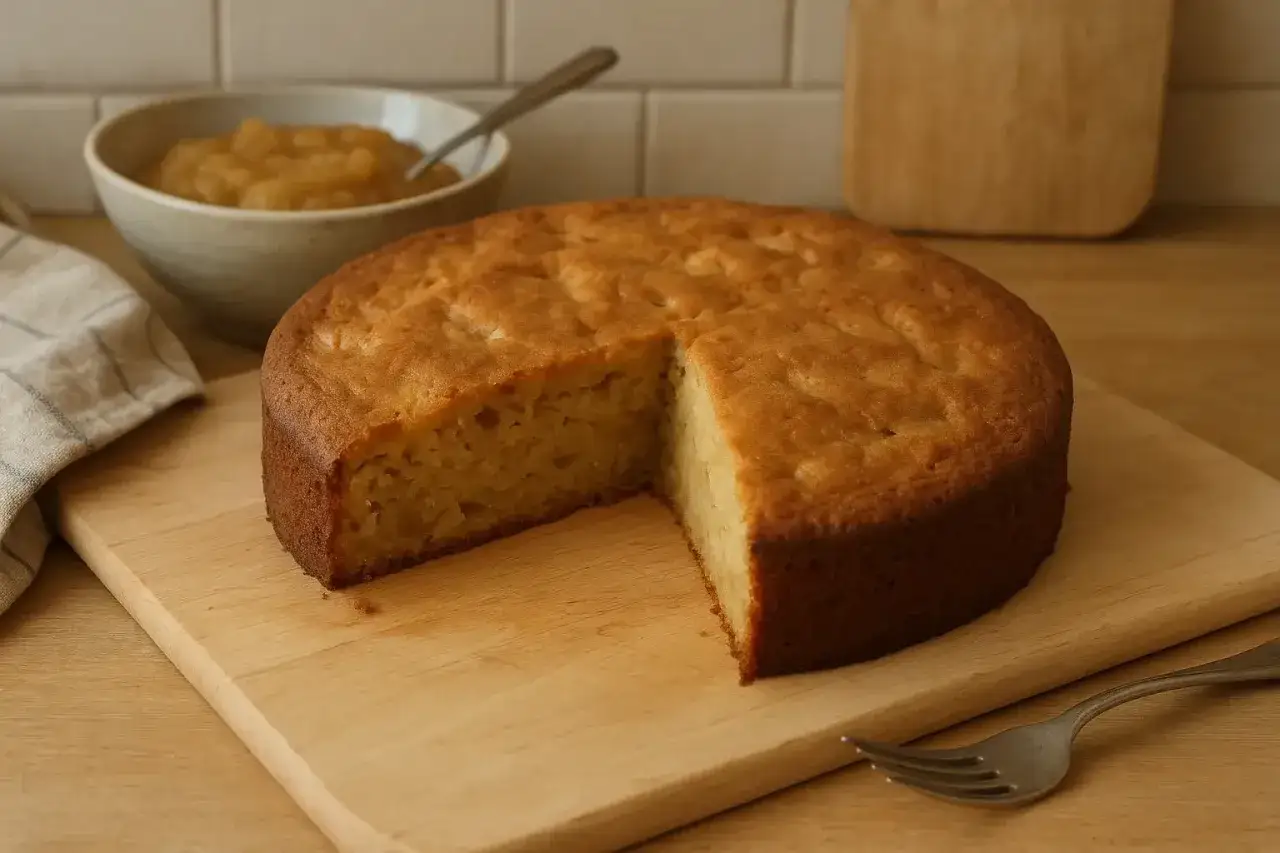 G&acirc;teau moelleux, une part coup&eacute;e, servi avec de la compote. Id&eacute;al pour remplacer 100 g de beurre par compote pour une version plus l&eacute;g&egrave;re.