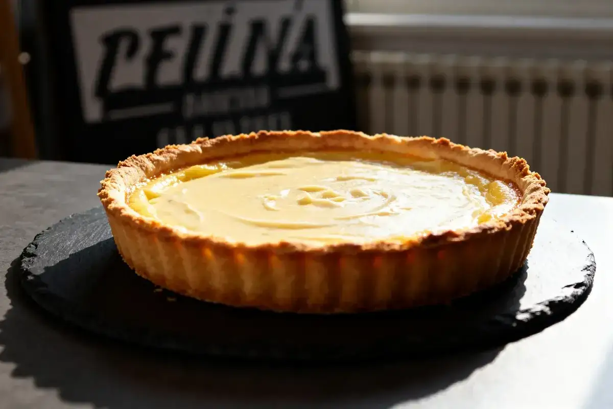 Flan pâtissier on a pâte feuilletée or brisée, with a creamy custard filling and golden crust.