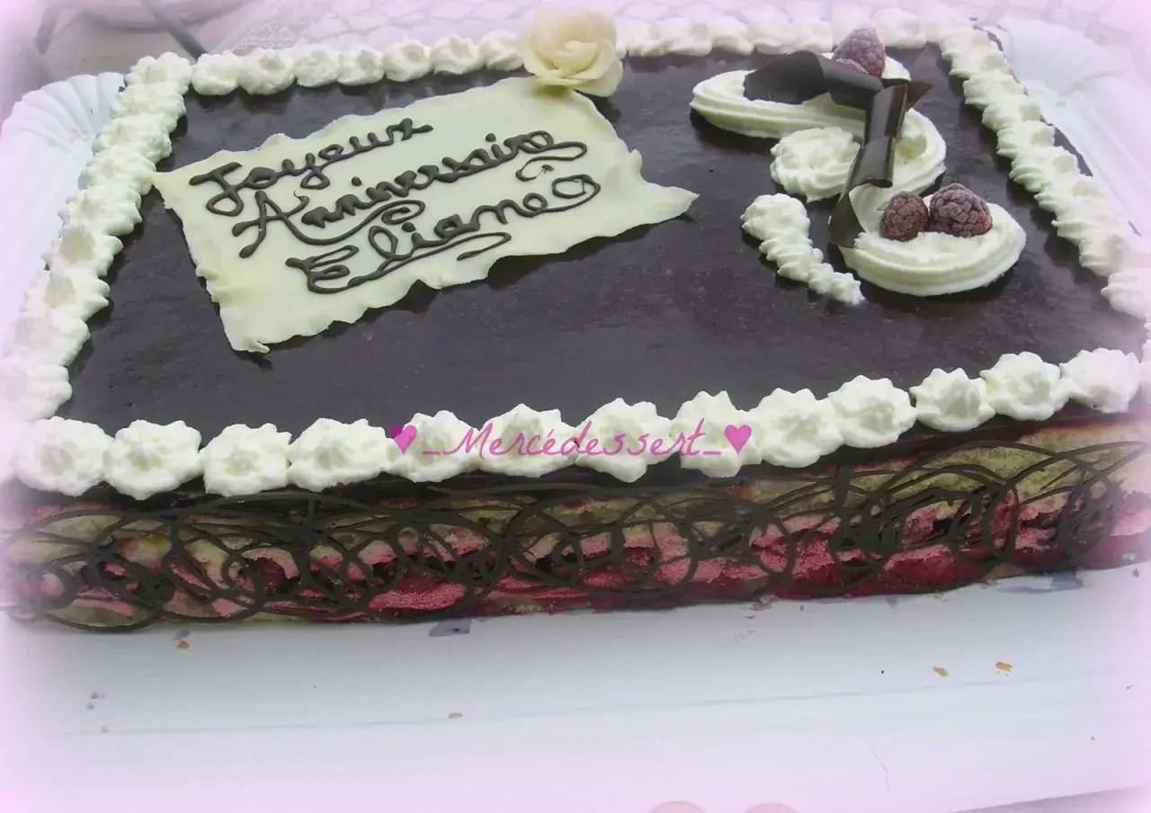 Gâteau d'anniversaire pour 20 personnes, décoré de chocolat et de fruits rouges.