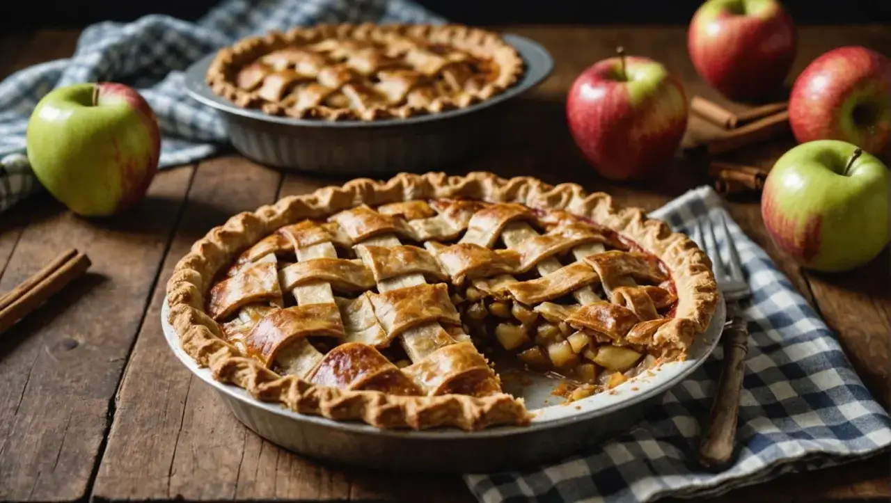 Deux tartes aux pommes dorées, garnies de pommes fraîches et de bâtons de cannelle, évoquent la conservation de ce dessert classique.