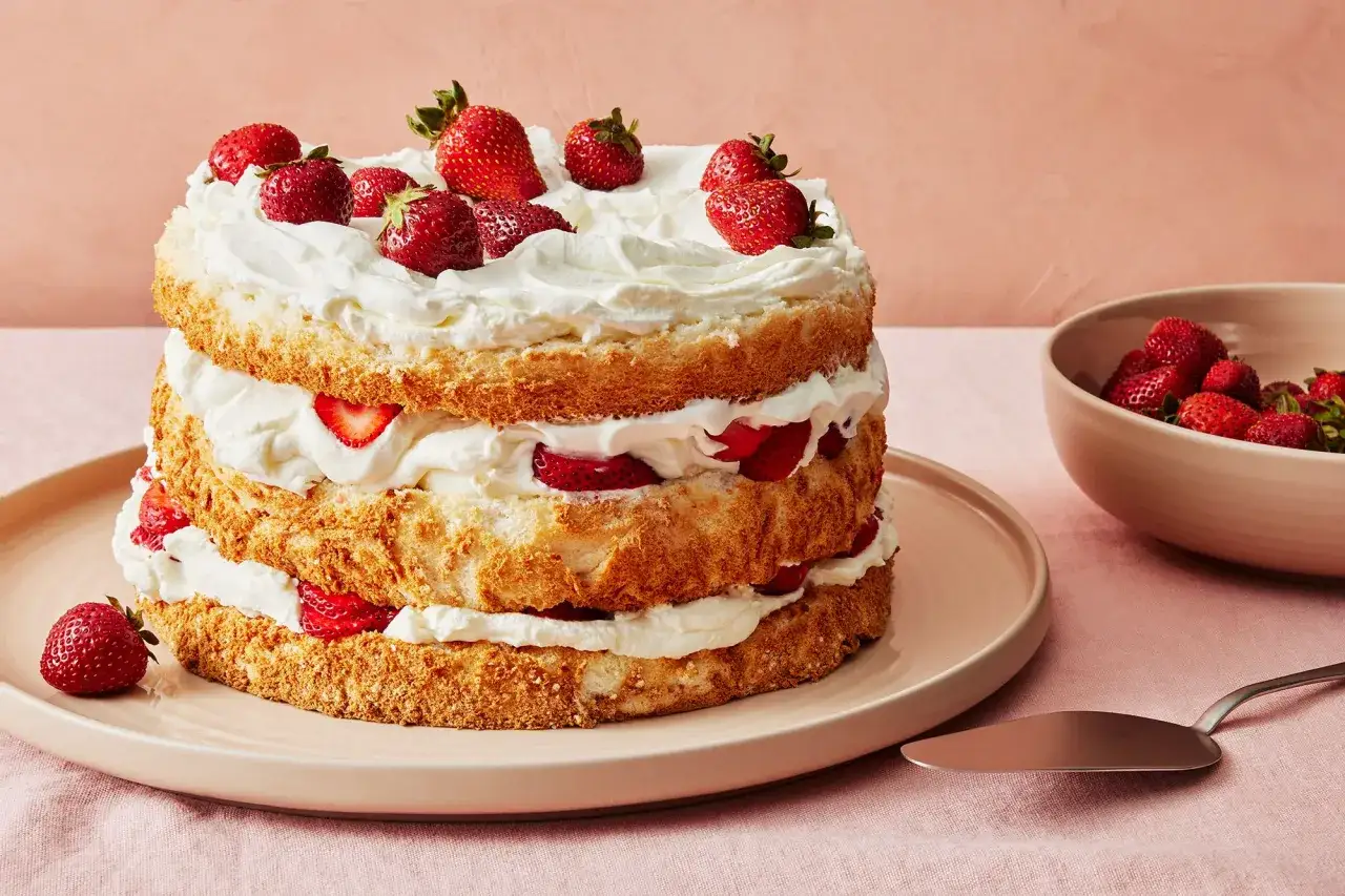 Gâteau à étages aérien, garni de fraises fraîches et d'une généreuse crème pour gâteau. Un délice estival !