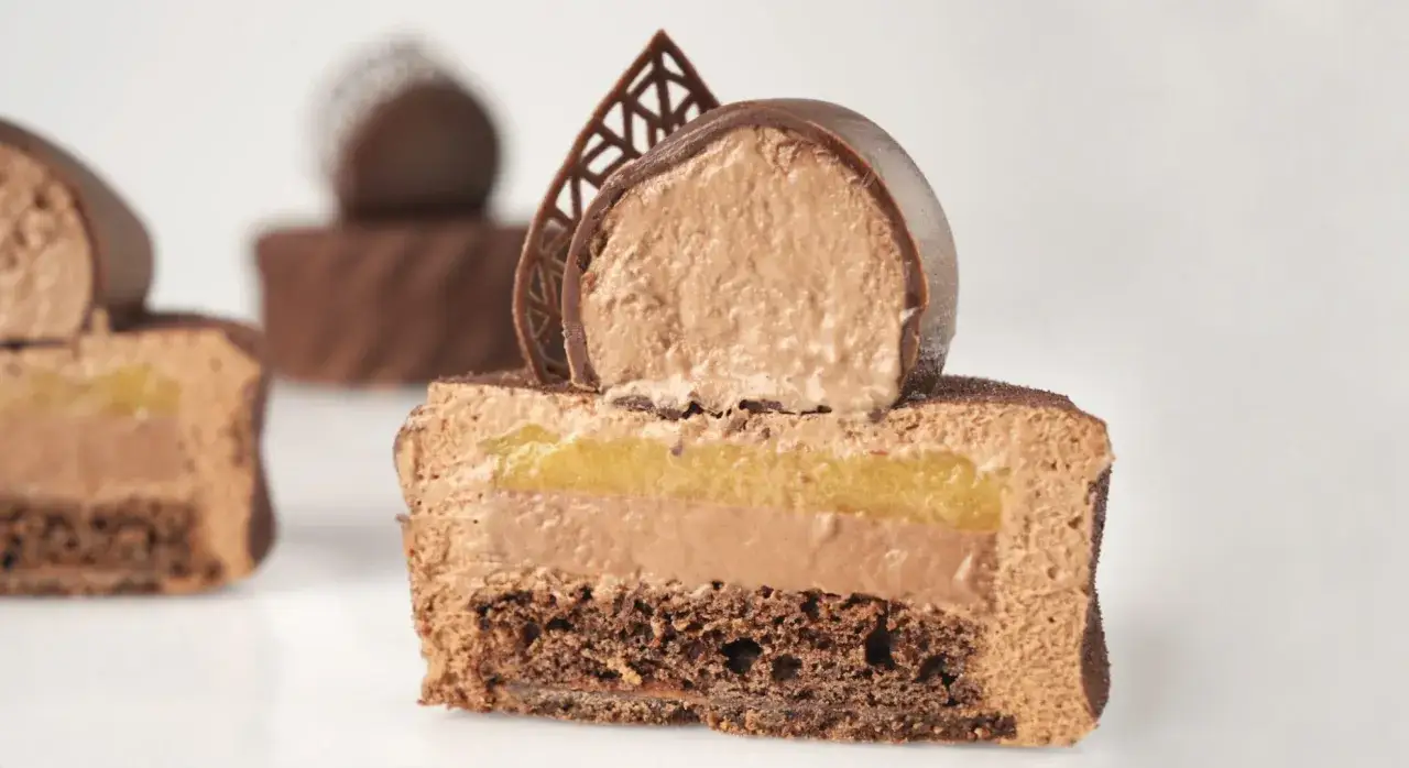 D&eacute;licieux entremet chocolat avec une mousse a&eacute;rienne, une couche fruit&eacute;e et un biscuit moelleux.