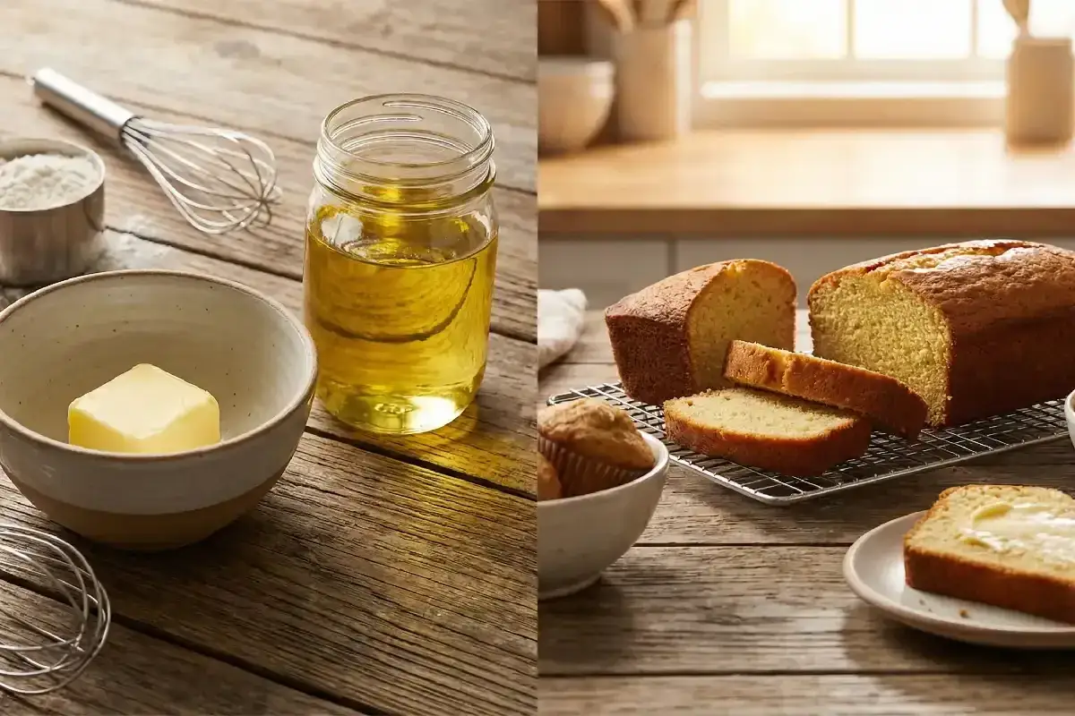 Pr&eacute;paration d'un g&acirc;teau avec de l'huile au lieu du beurre. Des pains dor&eacute;s et des muffins sur une grille, pr&ecirc;ts &agrave; &ecirc;tre d&eacute;gust&eacute;s.