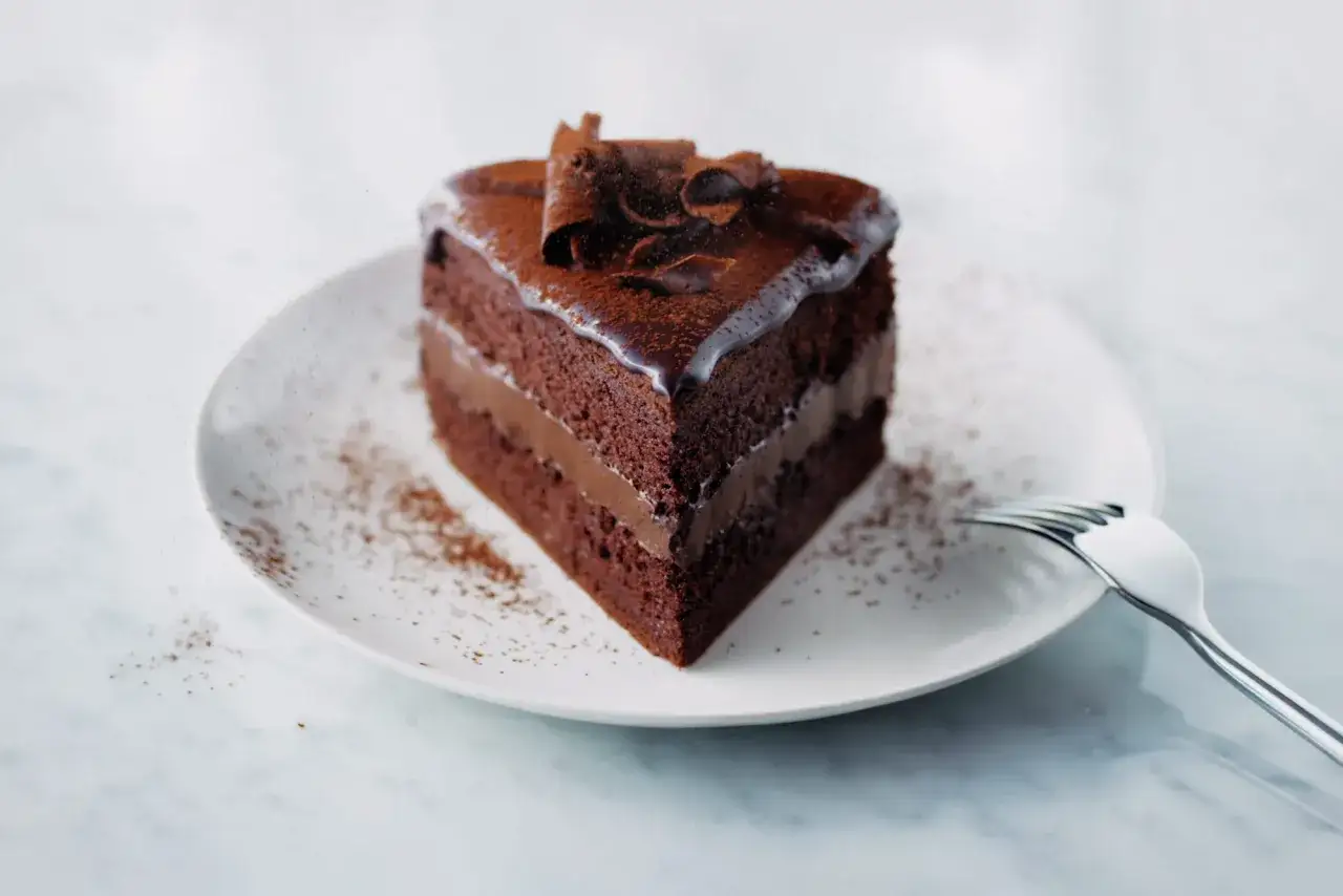 Une part de sponge cake chocolat onctueuse, garnie de crème et décorée de copeaux de chocolat, sur une assiette saupoudrée de cacao.