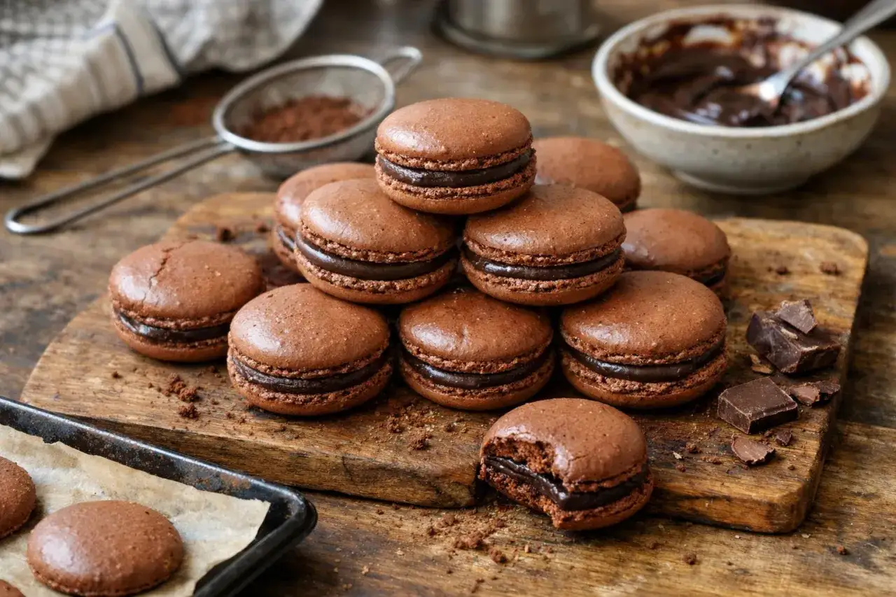 Délicieux macarons au chocolat, parfaits pour une recette macaron chocolat sans poudre d'amande. Un délice gourmand !