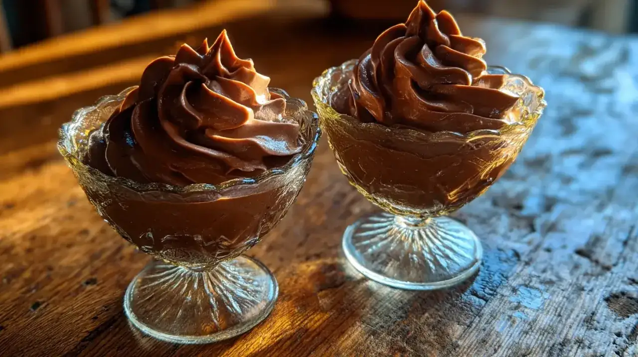 Deux coupes en verre ornées contiennent une délicieuse mousse au chocolat compacte, baignée d'une lumière chaude.