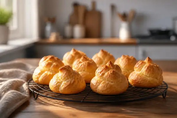 Un lot de choux pâtisserie dorés et gonflés refroidissent sur une grille, prêts à être garnir.