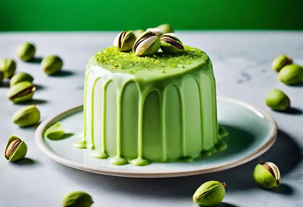 Gâteau rond glacé à la ganache pistache, décoré de pistaches entières et de miettes vertes.