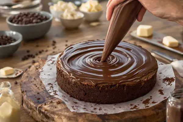 Un glaçage au chocolat onctueux est appliqué sur un gâteau au chocolat, créant un tourbillon parfait. Ce fourrage layer cake est prêt à être dégusté.
