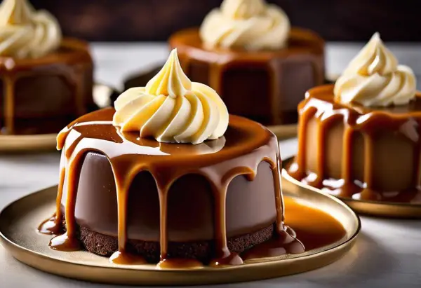 Petits gâteaux au chocolat, nappés d'une ganache caramel beurre salé coulante et surmontés d'une touche de crème. Un délice visuel.